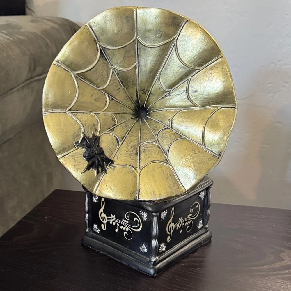 Vintage-Inspired Gold and Black Skull Phonograph Decor